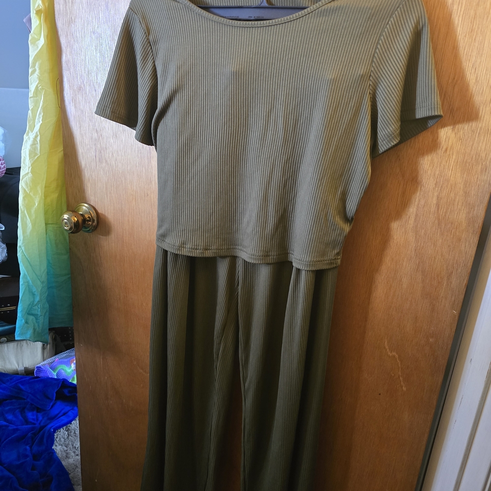 Olive Green Ribbed Two-Piece Jumpsuit